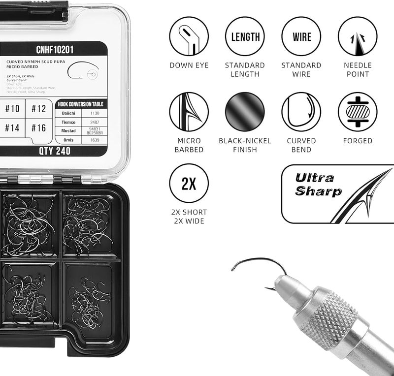 sf. 10# 12# 14# 16# Fly Tying Hooks Kit Assortment Micro Barbed High Carbon Steel Standard Dry Curved Nymph Scud Pupa Fly Fishing Hook 240Pcs with Waterproof Magnetic Hook Box - Image 4